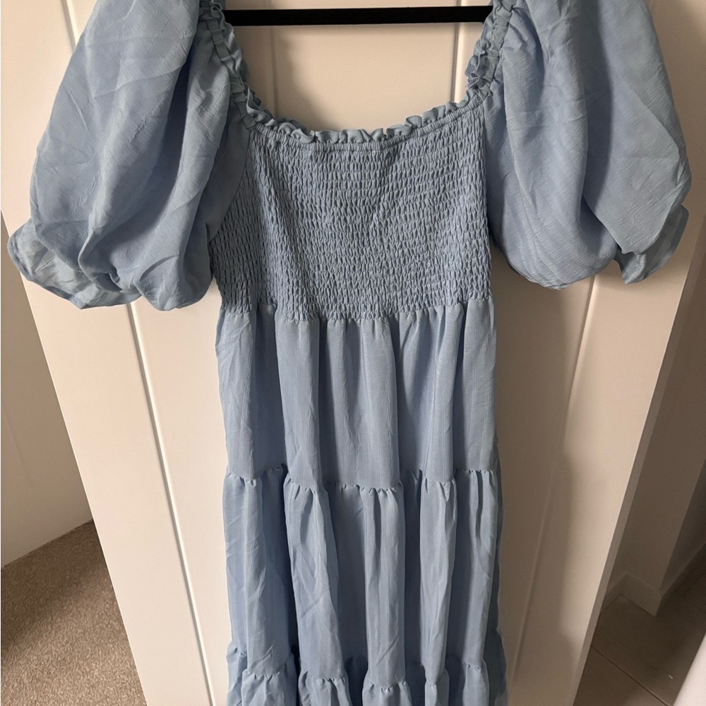 Blue Smocked Midi Dress with Square Neck NWOT